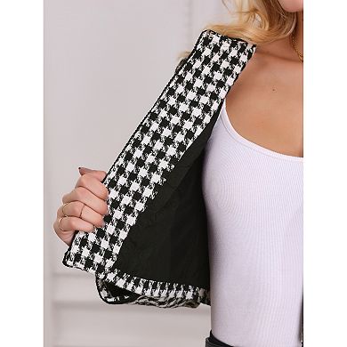 Women's Tweed Blazer Casual Round Neck Open Front Plaid Houndstooth Jacket