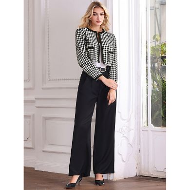 Women's Tweed Blazer Casual Round Neck Open Front Plaid Houndstooth Jacket