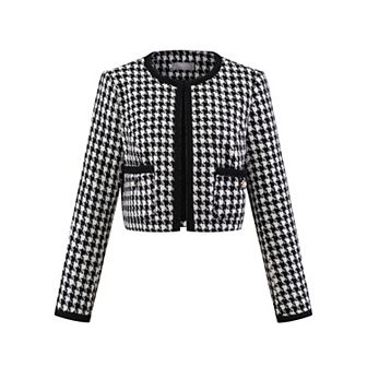 Women's Tweed Blazer Casual Round Neck Open Front Plaid Houndstooth Jacket