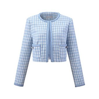 Women's Tweed Blazer Casual Round Neck Open Front Plaid Houndstooth Jacket