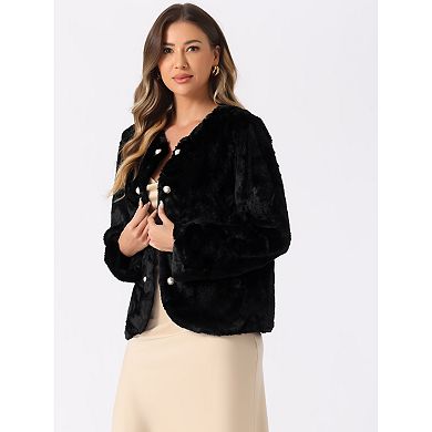 Winter Faux Fur Coat For Women Long Sleeve Pockets Pearl Button Fluffy Cropped Cardigan Outerwear