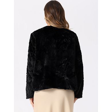 Winter Faux Fur Coat For Women Long Sleeve Pockets Pearl Button Fluffy Cropped Cardigan Outerwear