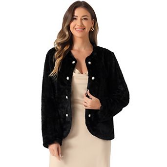 Winter Faux Fur Coat For Women Long Sleeve Pockets Pearl Button Fluffy Cropped Cardigan Outerwear