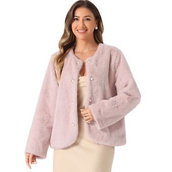 Winter Faux Fur Coat For Women Long Sleeve Pockets Pearl Button Fluffy Cropped Cardigan Outerwear