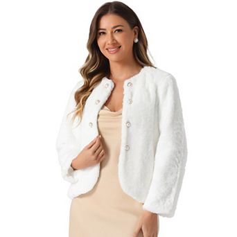 Winter Faux Fur Coat For Women Long Sleeve Pockets Pearl Button Fluffy Cropped Cardigan Outerwear