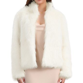 Women's Fleece Cropped Jacket Faux Fur Long Sleeve Pockets Shaggy Warm Winter Coat