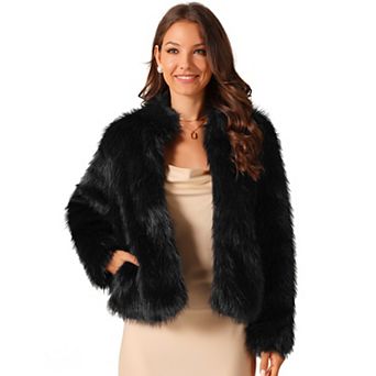Women's Fleece Cropped Jacket Faux Fur Long Sleeve Pockets Shaggy Warm Winter Coat