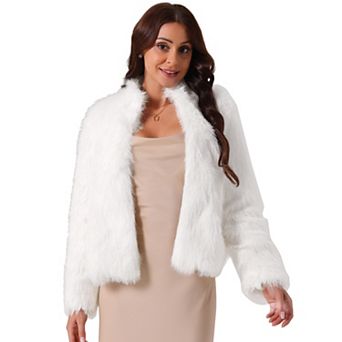Women's Fleece Cropped Jacket Faux Fur Long Sleeve Pockets Shaggy Warm Winter Coat