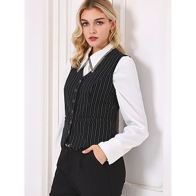 Women's Striped Vest Sleeveless Button Down V Neck Vintage Formal Waistcoat