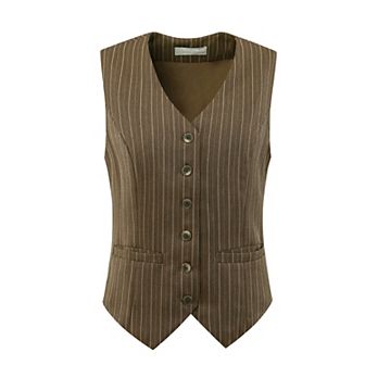 Women's Striped Vest Sleeveless Button Down V Neck Vintage Formal Waistcoat