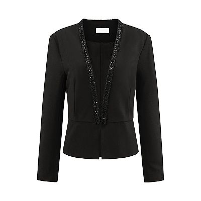 Women's Open Front Cardigan Tweed Trim Long Sleeve Ruffle