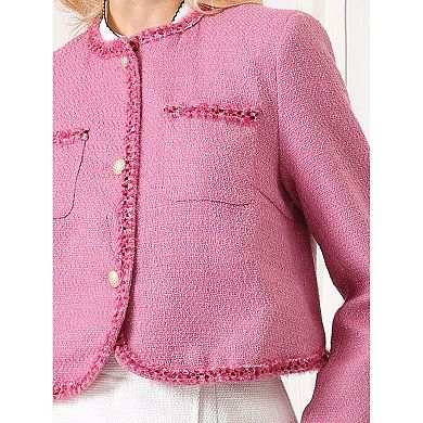 Women's Elegant Tweed Jacket Long Sleeve Panel Trim Work Office Blazer