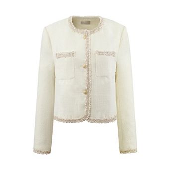 Women's Elegant Tweed Jacket Long Sleeve Panel Trim Work Office Blazer