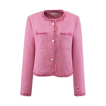 Women's Elegant Tweed Jacket Long Sleeve Panel Trim Work Office Blazer