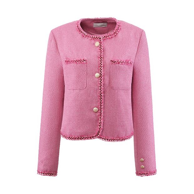 Women's Elegant Tweed Jacket Long Sleeve Panel Trim Work Office Blazer