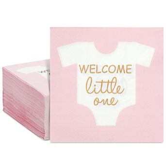 100 Pack Pink "welcome Little One" Baby Shower Napkins For Girl, 5x5 In