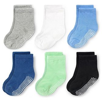 Non-slip Crew Grip Socks Solids & Green - 6 Pairs, 6-12 Months