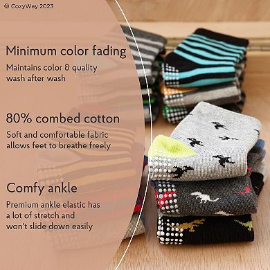 Non-slip Crew Grip Socks Solids & Green - 6 Pairs, 6-12 Months