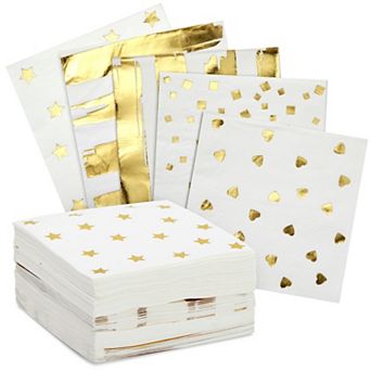 100 Pack White And Gold Cocktail Napkins For Birthday Party, 5 Patterns, 5x5 In