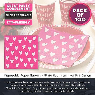100x Valentine's Day Decor Pink Heart Napkins For Birthday, Wedding Party 6.5"