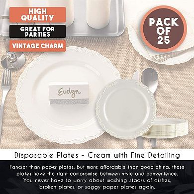 25 Pack 10" Vintage Cream Disposable Party Plastic Dinner Plates W/ Fine Details