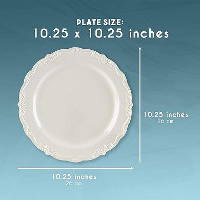 25 Pack 10" Vintage Cream Disposable Party Plastic Dinner Plates W/ Fine Details