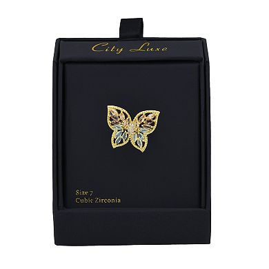 City Luxe Gold Tone Cubic Zirconia & Crystal Butterfly Ring