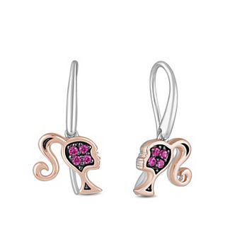 Barbie Two Tone Sterling Silver Lab-Created Pink Sapphire Silhouette Earrings