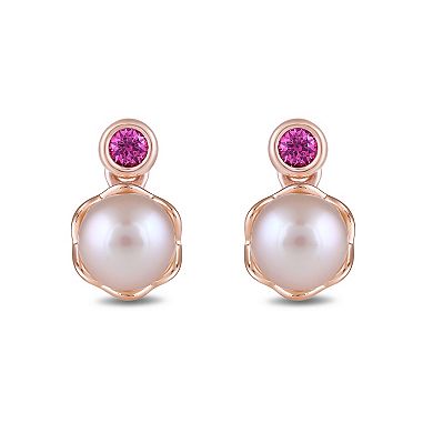 Barbie 10k Rose Gold Lab-Created Pink Sapphire & Freshwater Cultured Pearl Stud Earrings