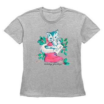 Women's Holiday Greetings Christmas Kitty Stocking Stuffer Graphic Tee