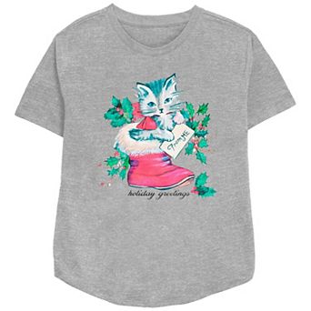 Women's Holiday Greetings Christmas Kitty Stocking Stuffer Relaxed Fit Graphic Tee