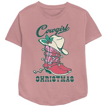 Women's Cowgirl Christmas Hat And Boots Relaxed Fit Graphic Tee