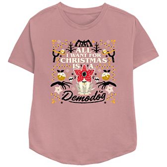 Women's Stranger Things All I Want For Christmas Is A Demodog Relaxed Fit Graphic Tee