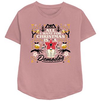 Women's Stranger Things All I Want For Christmas Is A Demodog Relaxed Fit Graphic Tee
