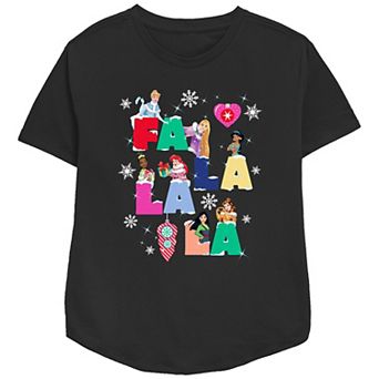 Disney Princess Cinderella, Rapunzel, Jasmine, Tiana, Ariel, Mulan & Belle Fa La La La Christmas Singing Women's Relaxed Fit Graphic Tee