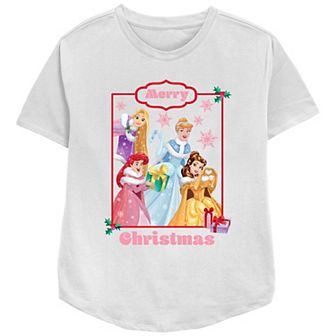 Disney Princess Rapunzel, Cinderella, Ariel & Belle Merry Christmas Women's Relaxed Fit Graphic Tee