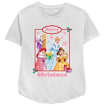 Disney Princess Rapunzel, Cinderella, Ariel & Belle Merry Christmas Women's Relaxed Fit Graphic Tee