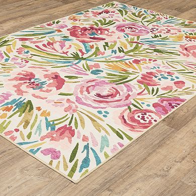 StyleHaven Fernanda Romantic Floral Cascade Beige & Pink Indoor/Outdoor Washable Area Rug