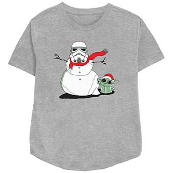 Women's Star Wars The Mandalorian Grogu And Storm Trooper The Snowman Relaxed Fit Graphic Tee