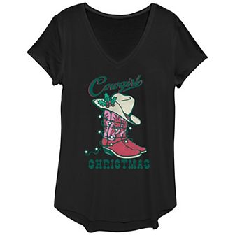 Women's Cowgirl Christmas Hat And Boots Graphic Tee