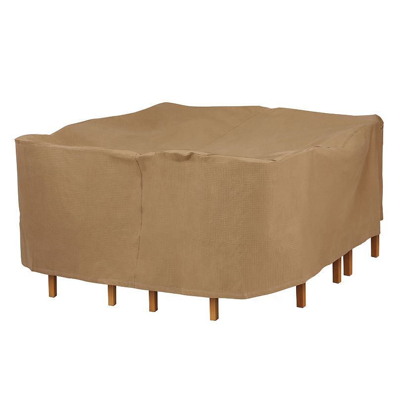 Beige square table and chair cover on a covered set with wooden legs visible