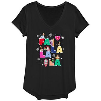 Disney Princess Cinderella, Rapunzel, Jasmine, Tiana, Ariel, Mulan & Belle Fa La La La Christmas Singing Women's Graphic Tee