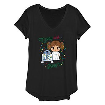 Women's Star Wars R2-D2 And Princess Leia Organa Merry And Bright Graphic Tee