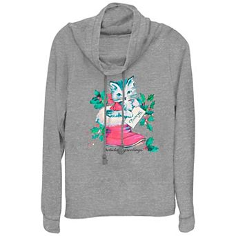 Women's Holiday Greetings Christmas Kitty Stocking Stuffer Cowlneck Graphic Lightweight Long Sleeve