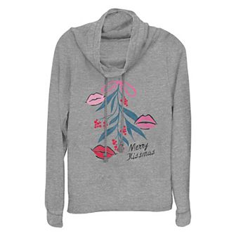 Women's Mistletoe Merry Kissmas Cowlneck Graphic Lightweight Long Sleeve