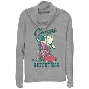 Women's Cowgirl Christmas Hat And Boots Cowlneck Graphic Lightweight Long Sleeve