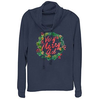 Women's Very Merry Gal Christmas Wreath Cowlneck Graphic Lightweight Long Sleeve
