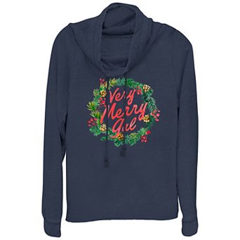 Women's Very Merry Gal Christmas Wreath Cowlneck Graphic Lightweight Long Sleeve