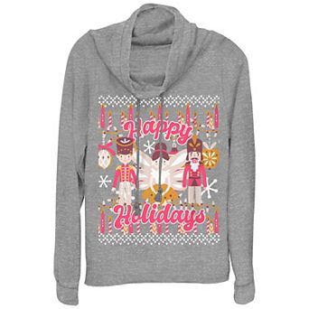 Women's Happy Holidays From The Nutcracker And Ballerina Cowlneck Graphic Lightweight Long Sleeve
