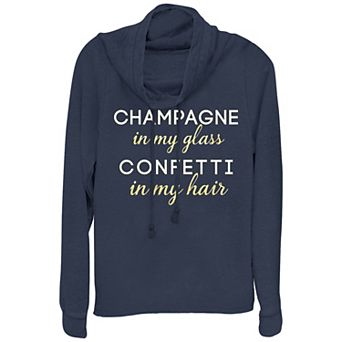 Women's Champagne In My Glass Confetti In My Hair Cowlneck Graphic Lightweight Long Sleeve